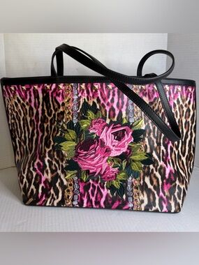 Betsey Johnson Leopard Embroidered Patch Pink Rose Floral Tote Bag Faux Leather